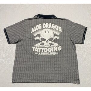 Vintage USA Hilton Jade Dragon Tattooing Chicago Skull Graphic Polo Shirt XXL